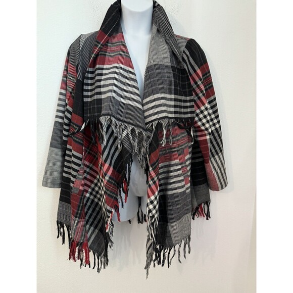 CJ Banks Womens Jacket Plus Size 1X Red Plaid Patchwork Fringe Boho Pockets Wool - Picture 1 of 7